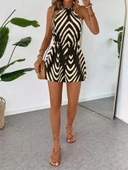 Kadın Boyundan Askılı Halter Yakalı Desenli Süprem Tulum thumbnail 4