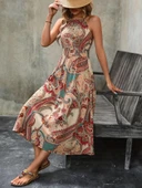 Kadın Kolsuz Boyundan Bağlamalı Beli Lastikli Etnik Desen Baskı Süprem Uzun Elbise thumbnail 5