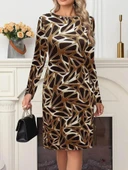 Kadın Uzun Kollu Bisiklet Yaka Desenli Dalgıç Kısa Elbise thumbnail 1