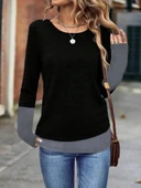 Kadın Uzun Kollu Açık Yuvarlak Yaka Blok Renkli Viskon Bluz thumbnail 3