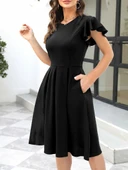 Kadın Kelebek Kollu Bisiklet Yakalı Pileli Ithal Krep Elbise thumbnail 2