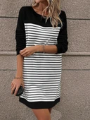 Kadın Bisiklet Yaka Uzun Kol çizgili Iki Iplik Kumaş Mini Boy Elbise thumbnail 2