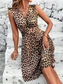 Kadın Sıfır Kollu önden çapraz Detaylı Leopar Desenli Süprem Elbise - 3