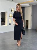 Kadın Kısa Kollu Bisiklet Yaka Yandan Yırtmaçlı Viskon Iki Iplik Elbise thumbnail 6