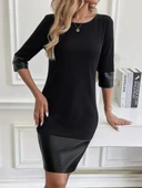 Kadın Uzun Kollu Bisiklet Yaka Deri Detaylı Ithal Krep Elbise thumbnail 2