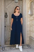 Kadın Kısa Kollu Yuvarlak Yaka önden Yırtmaçlı Cepli Viskon Uzun Elbise thumbnail 2