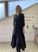 Kadın Uzun Kollu Eteği Fırfırlı Beli Kuşaklı Trikoton Tam Boy Gömlek Elbise thumbnail 11