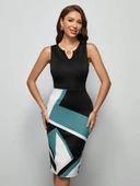 Kadın Kolsuz V Yakalı Geometrik Desenli Midi Dalgıç Elbise thumbnail 1