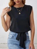 Kadın Sıfır Kol Etek Ucu Bağlama Detay Ithal Krep Bluz thumbnail 7