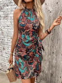 Kadın Omuzlardan Açık Yarı Balıkçı Yaka Yandan çapraz Bağlama Detaylı Süprem Kısa Elbise thumbnail 4