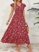 Kadın Kısa Kollu Kruvaze Yaka Beli Lastikli çiçek Desenli Elbise thumbnail 3