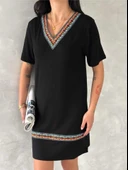 Kadın Kısa Kollu V Yakalı Etnik Desen şerit Detaylı Viskon Elbise thumbnail 11