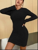 Kadın Uzun Kollu Bisiklet Yaka şardonlu Kalın Fitilli Kaşkorse Mini Boy Elbise thumbnail 1