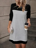 Kadın Bisiklet Yaka Uzun Kol çizgili Iki Iplik Kumaş Mini Boy Elbise thumbnail 1