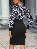 Kadın Uzun Kollu Kruvaze Yakalı Zebra Desenli Kısa Krep Elbise thumbnail 2