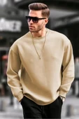 Erkek Düz Bisiklet Yaka Sweat - Bej thumbnail 1