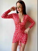 Kadın V Yaka önü Asansör Büzgü Detay Fırsat ürün Puantiyeli Mini Elbise thumbnail 3