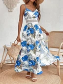 Kadın Ip Askılı V Yakalı Bel Güpür çiçek Desenli Yandan Yırtmaçlı Maksi Süprem Elbise thumbnail 3