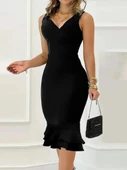 Kadın Askılı V Yaka Arkadan Fermuarlı Dalgıç Elbise thumbnail 2