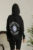 Unisex Kapüşonlu Üç İplik Oversize Baskılı Sweatshirt - Siyah thumbnail 2