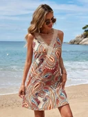 Kadın Kısa Kollu Dantel V Yakalı Desenli Süprem Elbise thumbnail 3