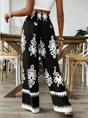 Kadın Yüksek Bel Büzgülü Etnik Desen Baskılı Süprem Pantolon - 3
