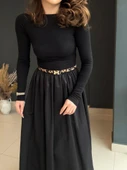 Kadın Uzun Kollu Bisiklet Yaka Uzun üst Viskon Alt Trikoton Elbise thumbnail 9