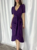 Kadın Kruvaze Yaka Midi Boy Kuşaklı Krep Elbise 120 Cm thumbnail 6