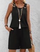 Kadın Askılı Yuvarlak Yaka Kuş Gözü Detaylı Bürümcük Bluz Ve Short Ikili Takım thumbnail 5