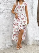Kadın Kısa Kollu V Yakalı çiçek Desenli önü Kısa Arkası Uzun Süprem Elbise thumbnail 2
