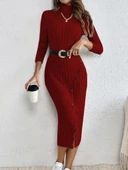 Kadın Uzun Kollu Balıkçı Yaka Yırtmaçlı Düğmeli şardonlu Kaşkorse Elbise(kemersiz) thumbnail 1