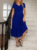 Kadın Kısa Kollu V Yakalı önden Pileli Midi Janjan Krep Elbise thumbnail 6