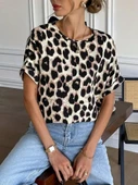 Kadın Kısa Kollu Bisiklet Yaka Arkadan Fiyonk Detaylı Leopar Süprem Bluz - 3