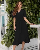 Kadın Kruvaze Yaka Midi Boy Kuşaklı Krep Elbise 120 Cm thumbnail 6