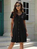 Kadın Kısa Kollu V Yaka önü Düğmeli Viskon Elbise thumbnail 4