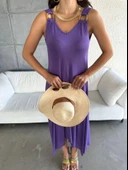 Kadın çan Dokuma Kumaş V Yaka Asimetrik Kesim Elbise thumbnail 2