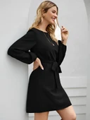 Kadın Uzun Kollu Kayık Yaka Belden Kuşaklı Kısa Ithal Krep Elbise thumbnail 5