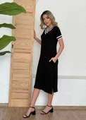 Kadın Kısa Kollu V Yaka Kol Ve Yaka Ribana Detay Midi Boy Viskon Elbise thumbnail 5