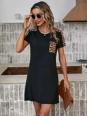 Kadın Kısa Kollu Yuvarlak Yaka Cepli Leopar Desen Detaylı Viskon Elbise thumbnail 4