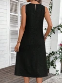 Kadın Kolsuz Bisiklet Yaka Cepli Midi Keten Elbise thumbnail 3