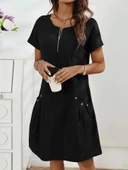 Kadın Kısa Kollu Yakası Açık Fermuarlı Cep Detaylı Ithal Keten Elbise thumbnail 1