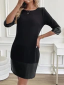 Kadın Uzun Kollu Bisiklet Yaka Deri Detaylı Ithal Krep Elbise thumbnail 6