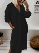 Kadın Uzun Kollu Kapüşonlu Yakası Açık Modal Elbise thumbnail 1