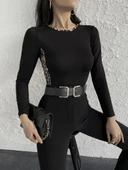 Kadın Uzun Kollu Leopar şeritli Viskon Bluz thumbnail 7