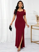 Kadın Omuzlardan Açık Askılı Yırtmaç Detaylı Uzun Ithal Krep Elbise thumbnail 1