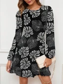 Kadın Uzun Kollu Bisiklet Yaka Desenli Kısa Krep Elbise thumbnail 1