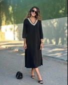 Kadın Uzun Kollu V şerit Yakalı Viskon Iki Iplik Elbise thumbnail 5