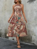 Kadın Kolsuz Boyundan Bağlamalı Beli Lastikli Etnik Desen Baskı Süprem Uzun Elbise thumbnail 2