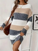 Kadın Uzun Kollu Yuvarlak Yaka çizgili çok Renkli Triko Elbise thumbnail 5