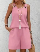 Kadın Askılı Yuvarlak Yaka Kuş Gözü Detaylı Bürümcük Bluz Ve Short Ikili Takım thumbnail 4